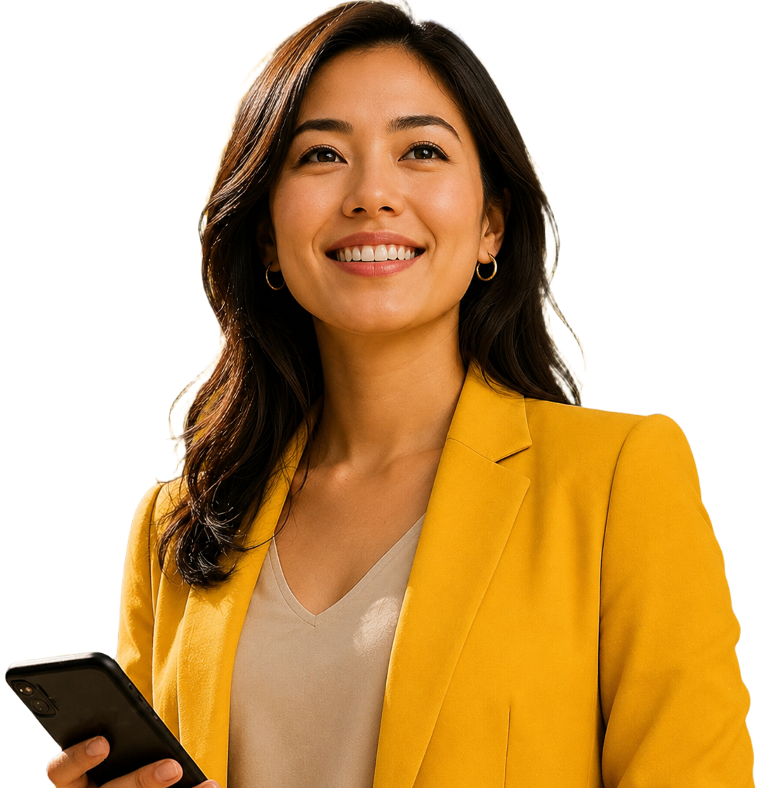 A traveller in a yellow blazer checking the SchengenGo app on her phone