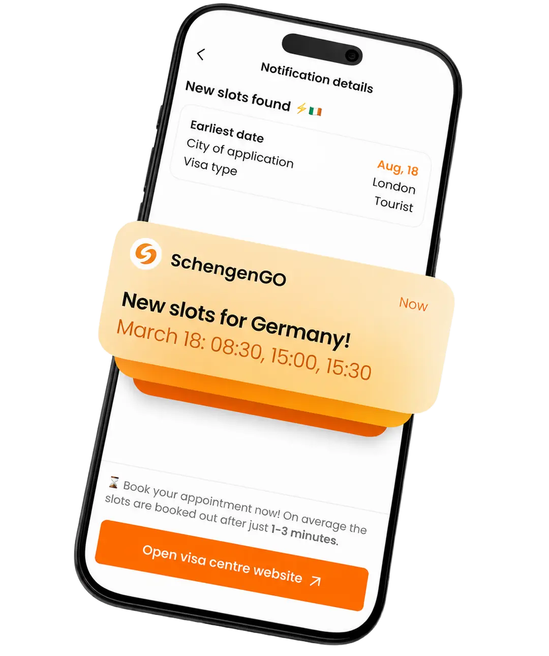 SchengenGo mobile app showing open Schengen visa appointments